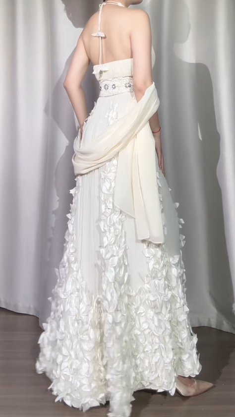 Vintage Sheath White Long Prom Dresses Halter Chiffon White Wedding Guest Dresses DP04004