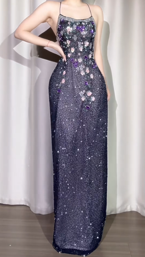 Vintage Sheath Dark Purple Long Prom Dresses Halter Chiffon Beaded Dark Purple Wedding Guest Dresses DP04005