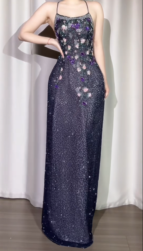 Vintage Sheath Dark Purple Long Prom Dresses Halter Chiffon Beaded Dark Purple Wedding Guest Dresses DP04005