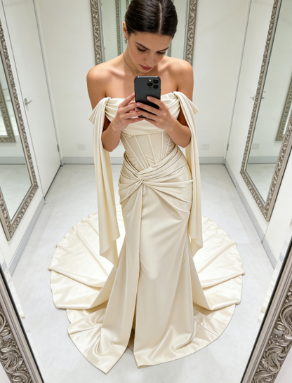 Elegant Sheath Light Champagne Long Prom Dresses; Satin Light Champagne  Evening Dresses DP04009