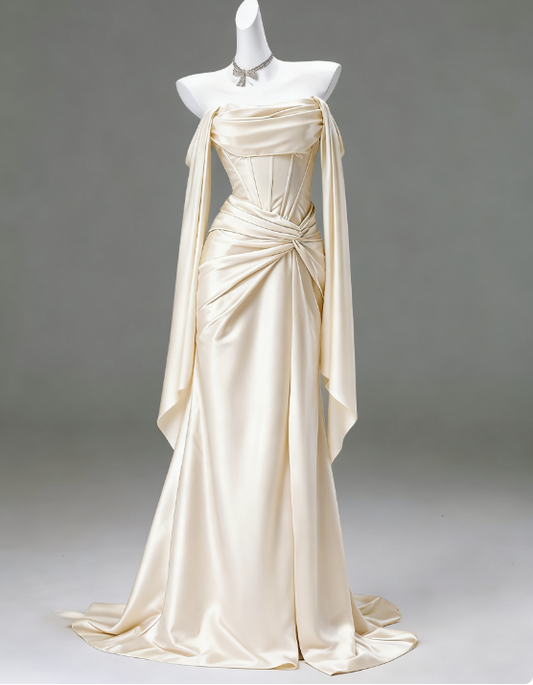 Elegant Sheath Off-White Long Prom Dresses; Off-the-shoulder Satin Off-White Evening Dresses DP04009