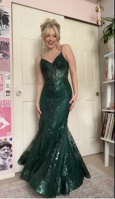 Elegant Mermaid Dark Green Long Prom Dresses Spaghetti Straps Tulle Dark Green Evening Dresses DP04010