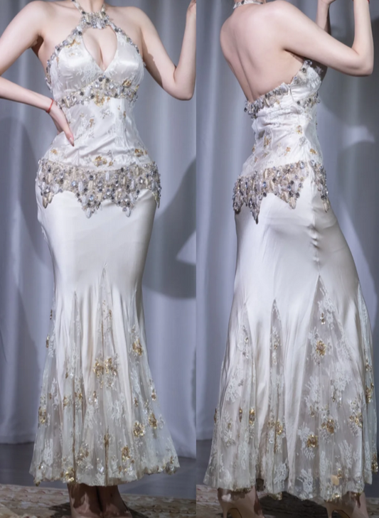 Glam Mermaid Long Prom Dresses Halter Neck Satin Lace Beaded Sleeveless Evening Dresses DP04012