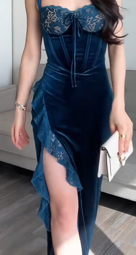 Glam Sheath Teal Long Prom Dresses Straps Velvet Teal Evening Dresses With Slits DP04013