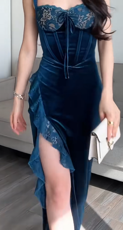 Glam Sheath Teal Long Prom Dresses Straps Velvet Teal Evening Dresses With Slits DP04013