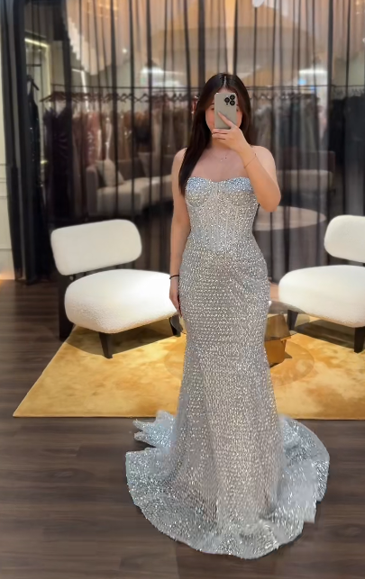 Elegant Mermaid Silver Long Prom Dresses Strapless Tulle Silver Evening Dresses DP04014