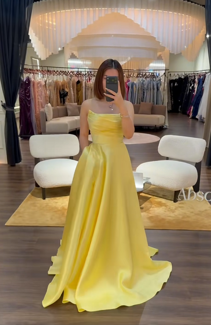 Elegant A-line Yellow Long Prom Dresses Strapless Satin Yellow Evening Dresses DP04015