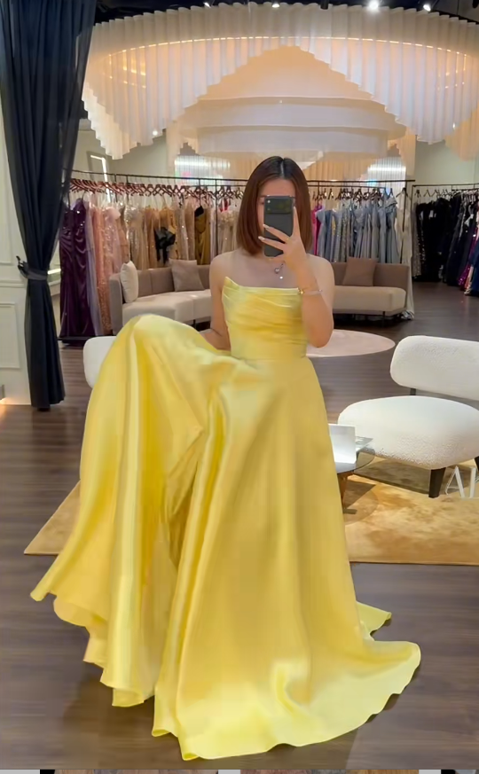Elegant A-line Yellow Long Prom Dresses Strapless Satin Yellow Evening Dresses DP04015