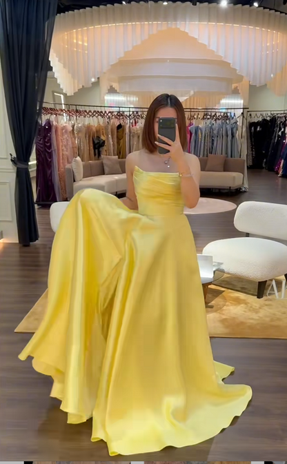 Elegant A-line Yellow Long Prom Dresses Strapless Satin Yellow Evening Dresses DP04015