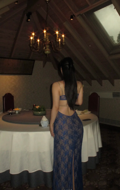 Elegant Sheath Navy Blue Long Prom Dresses Spaghetti Straps Lace Navy Blue Evening Dresses DP04016