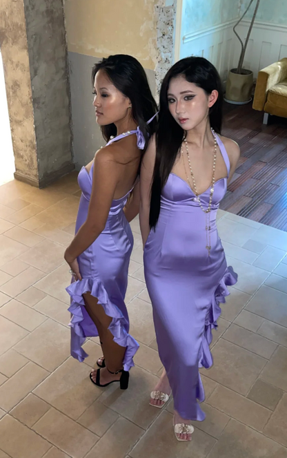 Elegant Sheath Purple Long Prom Dresses Spaghetti Straps Satin Purple Evening Dresses With Backless DP04017