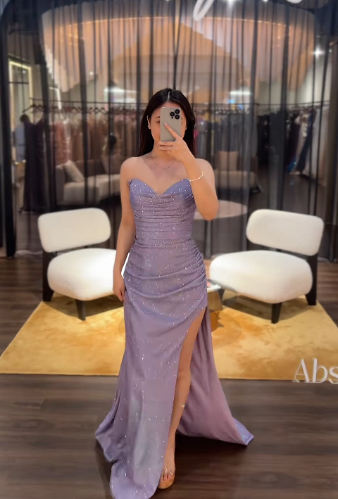 Elegant Sheath Purple Long Prom Dresses Swetheartneck Glitter Purple Evening Dresses With Slits DP04018