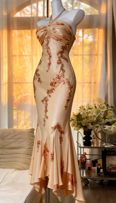 Glam Mermaid Champagne Long Prom Dresses Halter Chiffon Champagne Evening Dresses DP04020