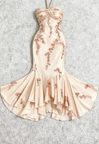 Glam Mermaid Champagne Long Prom Dresses Halter Chiffon Champagne Evening Dresses DP04020