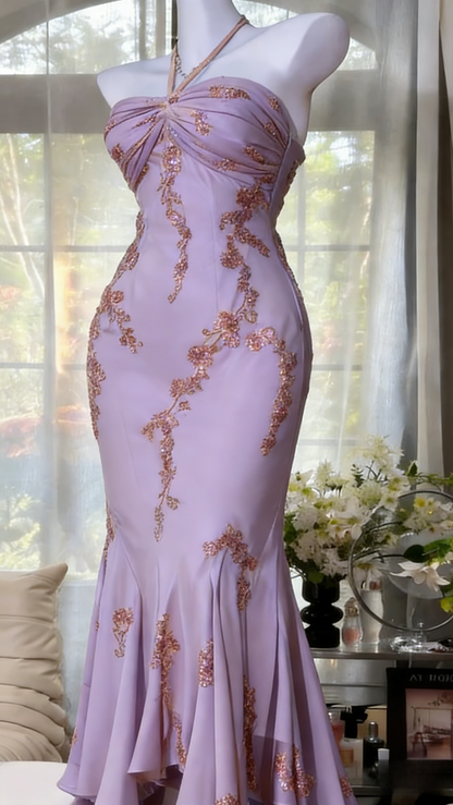 Glam Mermaid Champagne Long Prom Dresses Halter Chiffon Champagne Evening Dresses DP04020