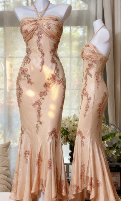 Glam Mermaid Champagne Long Prom Dresses Halter Chiffon Champagne Evening Dresses DP04020