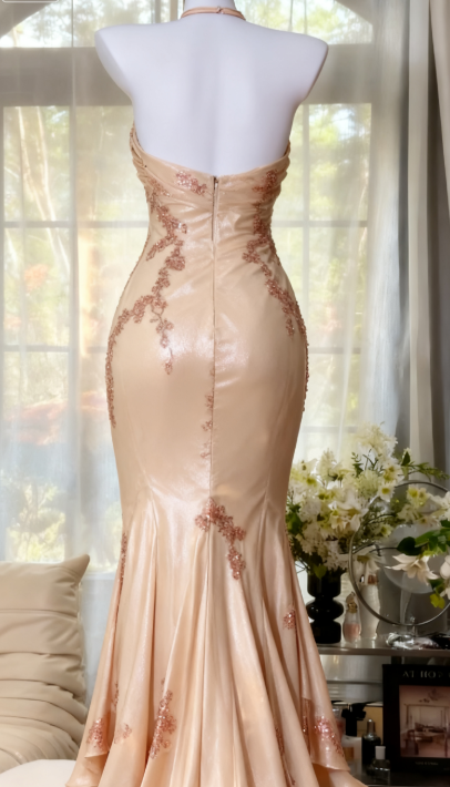 Glam Mermaid Champagne Long Prom Dresses Halter Chiffon Champagne Evening Dresses DP04020