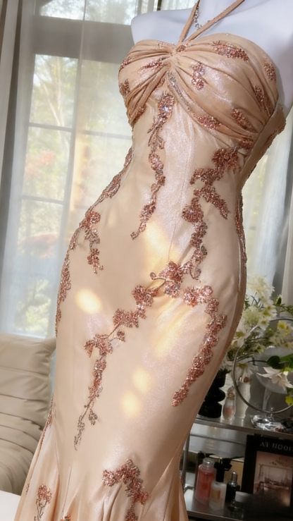 Glam Mermaid Champagne Long Prom Dresses Halter Chiffon Champagne Evening Dresses DP04020