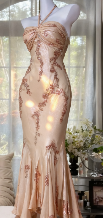 Glam Mermaid Champagne Long Prom Dresses Halter Chiffon Champagne Evening Dresses DP04020