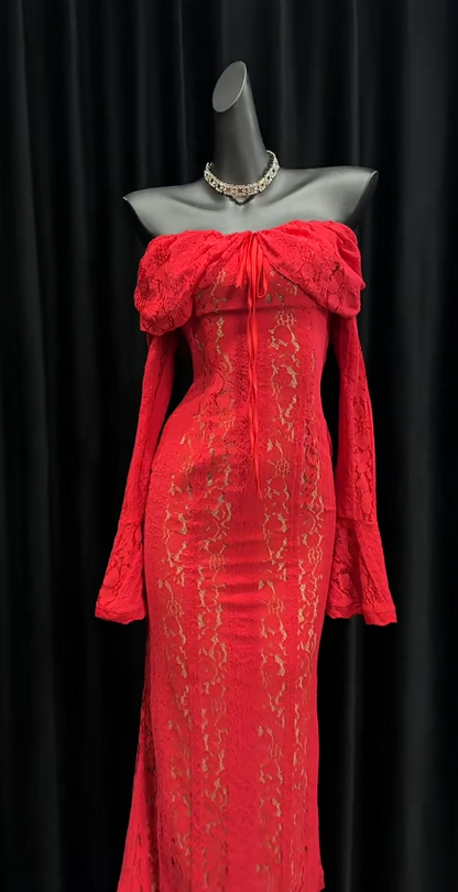 Glam Sheath Red Long Prom Dresses Long Sleeve Lace Red Evening Dresses DP04021