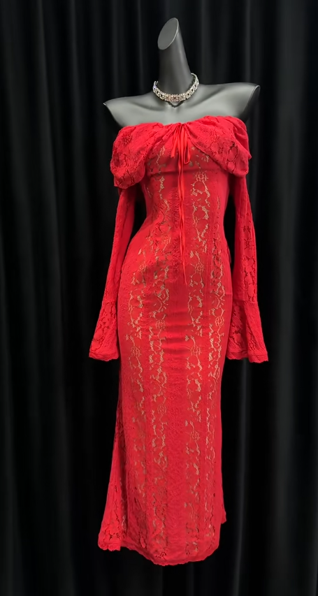 Glam Sheath Red Long Prom Dresses Long Sleeve Lace Red Evening Dresses DP04021