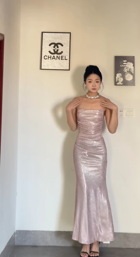 Glitter Mermaid Pink Long Prom Dresses Spaghetti Straps Satin Pink Wedding Guest Dresses DP04023