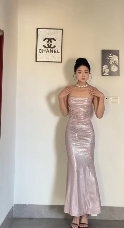 Glitter Mermaid Pink Long Prom Dresses Spaghetti Straps Satin Pink Wedding Guest Dresses DP04023