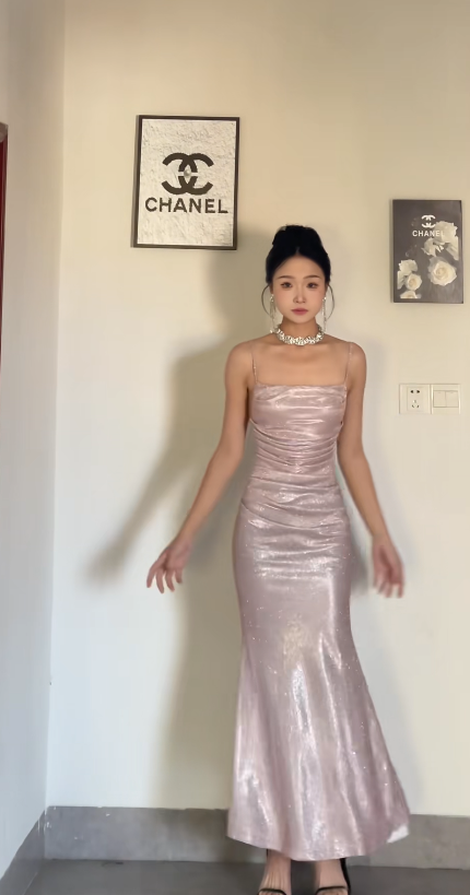 Glitter Mermaid Pink Long Prom Dresses Spaghetti Straps Satin Pink Wedding Guest Dresses DP04023