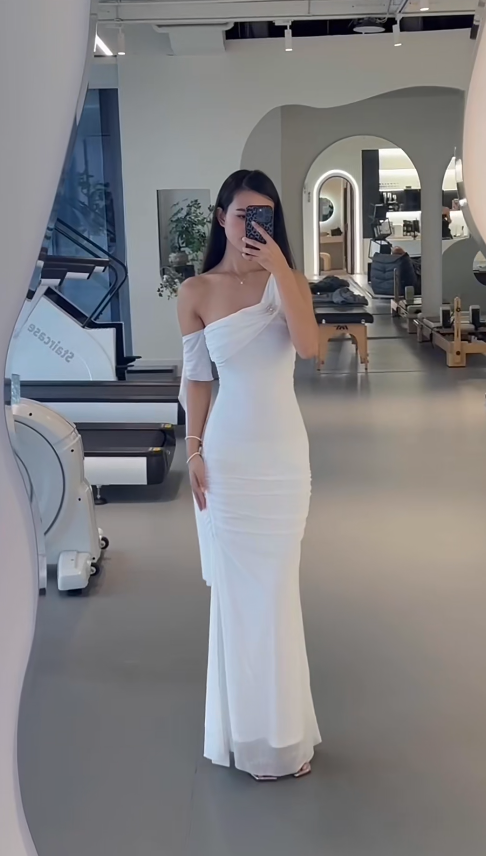 Elegant Mermaid White Long Prom Dresses One -shoulder Chiffon White Wedding Guest Dresses DP04024