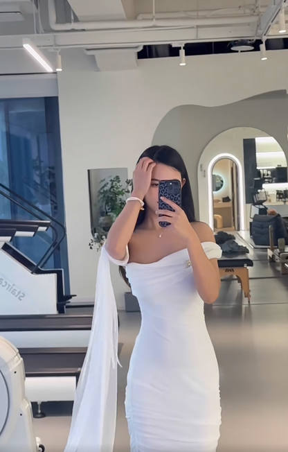 Elegant Mermaid White Long Prom Dresses One -shoulder Chiffon White Wedding Guest Dresses DP04024