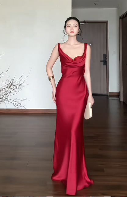 Chic Sheath Burgundy Long Prom Dresses Sleeveless Satin Burgundy Wedding Guest Dresses DP04025