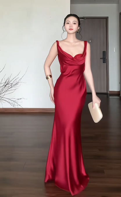 Chic Sheath Burgundy Long Prom Dresses Sleeveless Satin Burgundy Wedding Guest Dresses DP04025