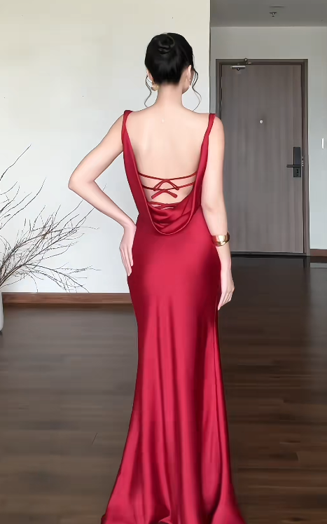 Chic Sheath Burgundy Long Prom Dresses Sleeveless Satin Burgundy Wedding Guest Dresses DP04025