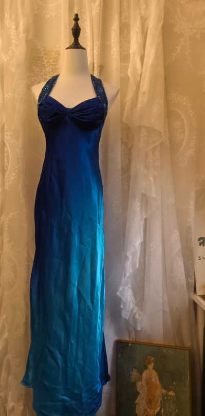 Chic Sheath Blue Long Prom Dresses Sleeveless Satin Blue Wedding Guest Dresses DP04026