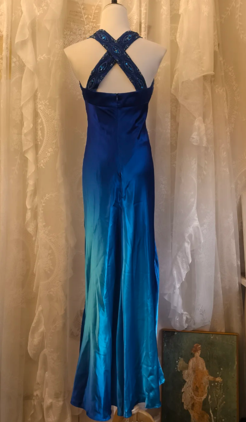Chic Sheath Blue Long Prom Dresses Sleeveless Satin Blue Wedding Guest Dresses DP04026