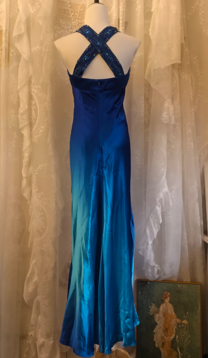 Chic Sheath Blue Long Prom Dresses Sleeveless Satin Blue Wedding Guest Dresses DP04026