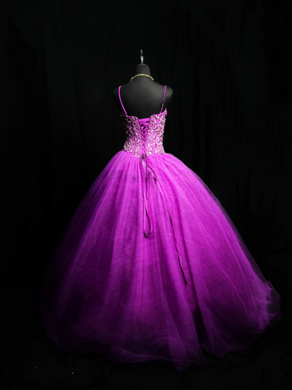 Fairy Ball Gown Tulle Long Prom Dresses Tulle Appliqué Spaghetti Straps Purple Quinceanera Dresses Sweet 16 Dresses DP04032