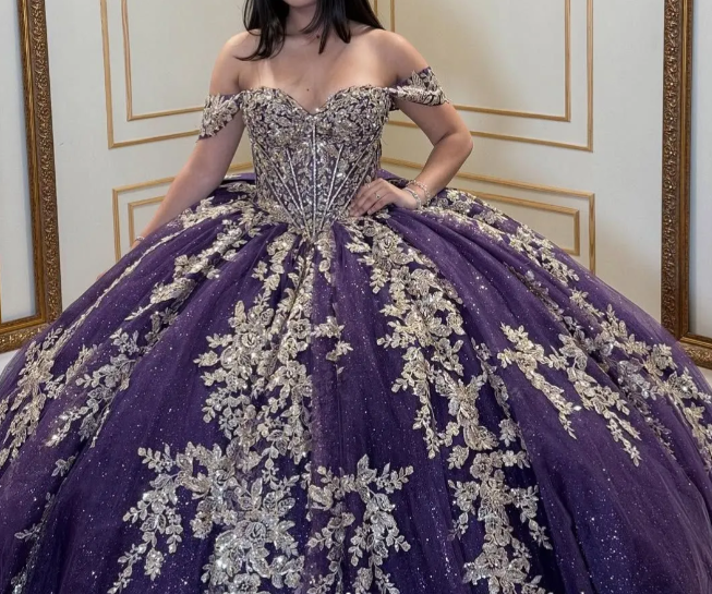 Gorgeous Ball GownTulle Long Prom Dresses; Appliqué Off-shoulder Purple Quinceanera Dresses; Sweet 16 Dresses DP04036