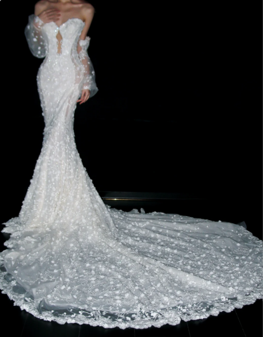 Modest V-neck Mermaid Long Wedding Dress Lace Appliqué White Bridal Dresses Sleeveless Bridal Gowns DP04037