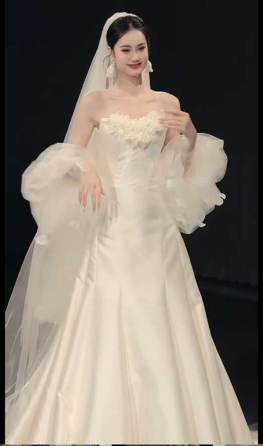 Modest A-Line Satin Long Wedding Dresses, Strapless White Bridal Dresses, Sleeveless Bridal Gowns DP04039