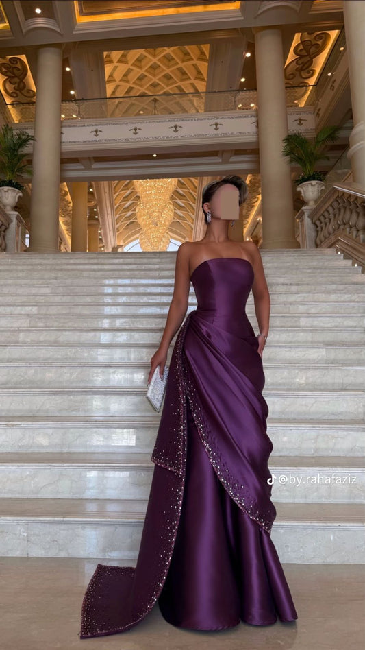 Sexy Strapless Sheath Long Prom Dresses Sleeveless Satin Purple Evening Dresses DP04044