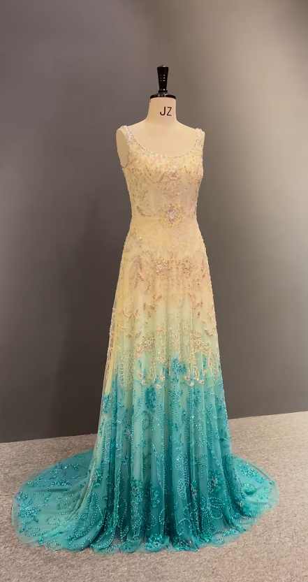 Elegant U-Neck Sheath Long Prom Dresses Tulle Beaded Blue Evening Dresses DP04046