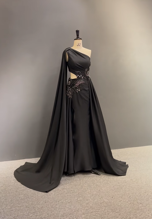 Elegant  One -shoulder Sheath Long Prom Dresses Satin Black  Evening Dresses DP04047