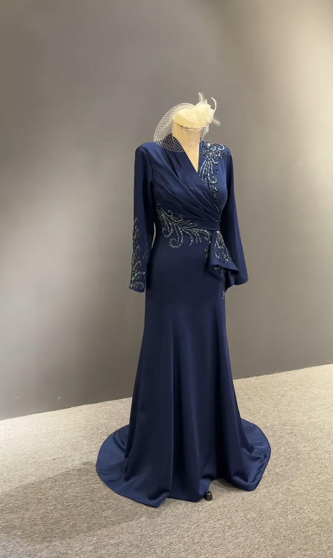Elegant V-neck Sheath Long Prom Dresses Long sleeves Chiffon Navy Blue Evening Dresses DP04048