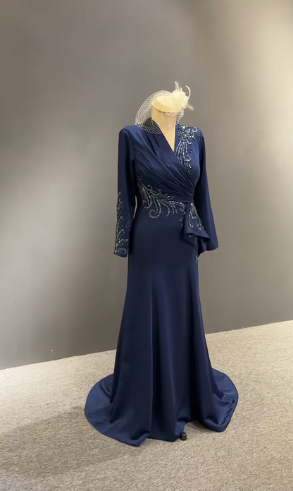 Elegant V-neck Sheath Long Prom Dresses Long sleeves Chiffon Navy Blue Evening Dresses DP04048