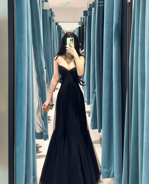 Chic Sweetheart Mermaid Long Prom Dresses Tulle Black Evening Dresses DP04057