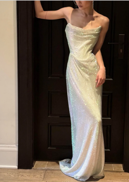 Sexy Strapless Sheath Long Prom Dresses Glitter Tulle Evening Dresses Sleeveless Formal Dresses DP04060