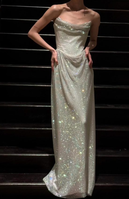 Sexy Strapless Sheath Long Prom Dresses Glitter Tulle Evening Dresses Sleeveless Formal Dresses DP04060