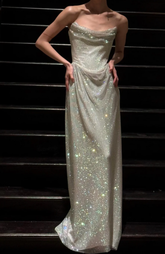 Sexy Strapless Sheath Long Prom Dresses Glitter Tulle Evening Dresses Sleeveless Formal Dresses DP04060