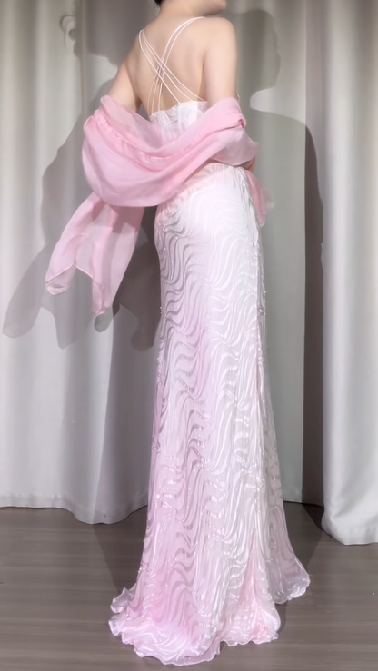 Vintage Spaghetti Straps Sheath Long Prom Dresses Chiffon Pink Evening Dresses Sleeveless Formal Dresses DP04063